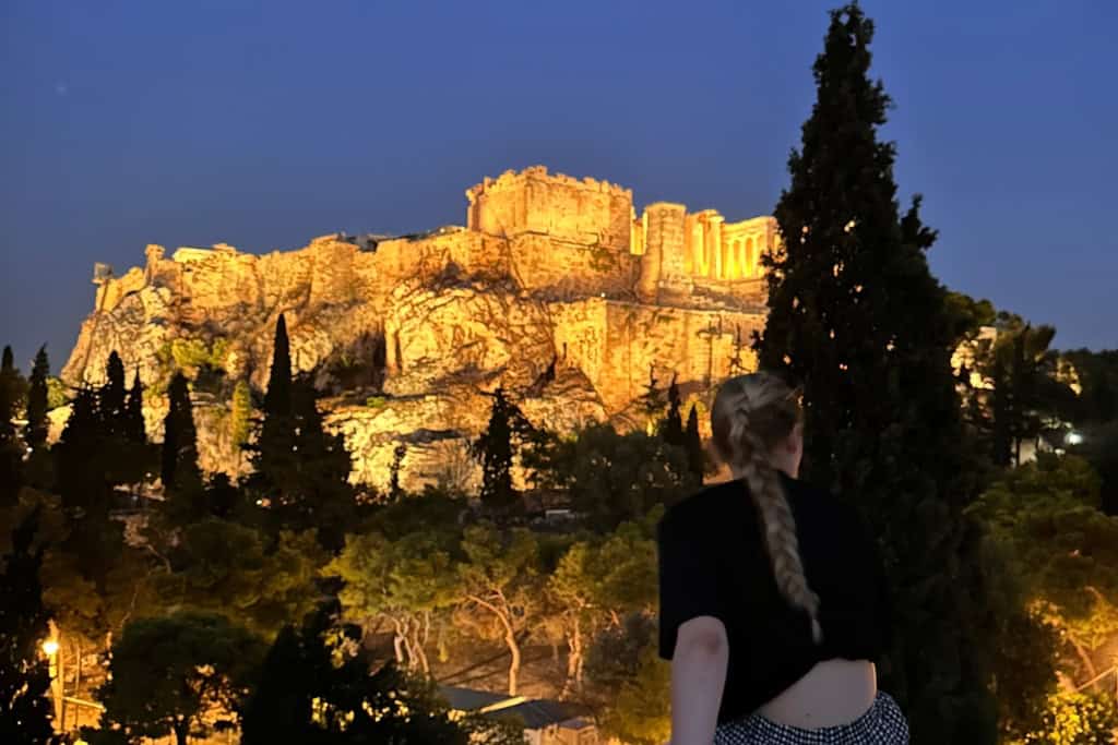 Night time view overlooking Acropolis of Athens 105 58, Greece