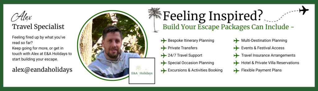 Agent info for independant travel agent alex smart for uk based travel company E&A Holidays. Explains what a build your escape holiday tarvel package can include. email address alex@eandaholidays.com