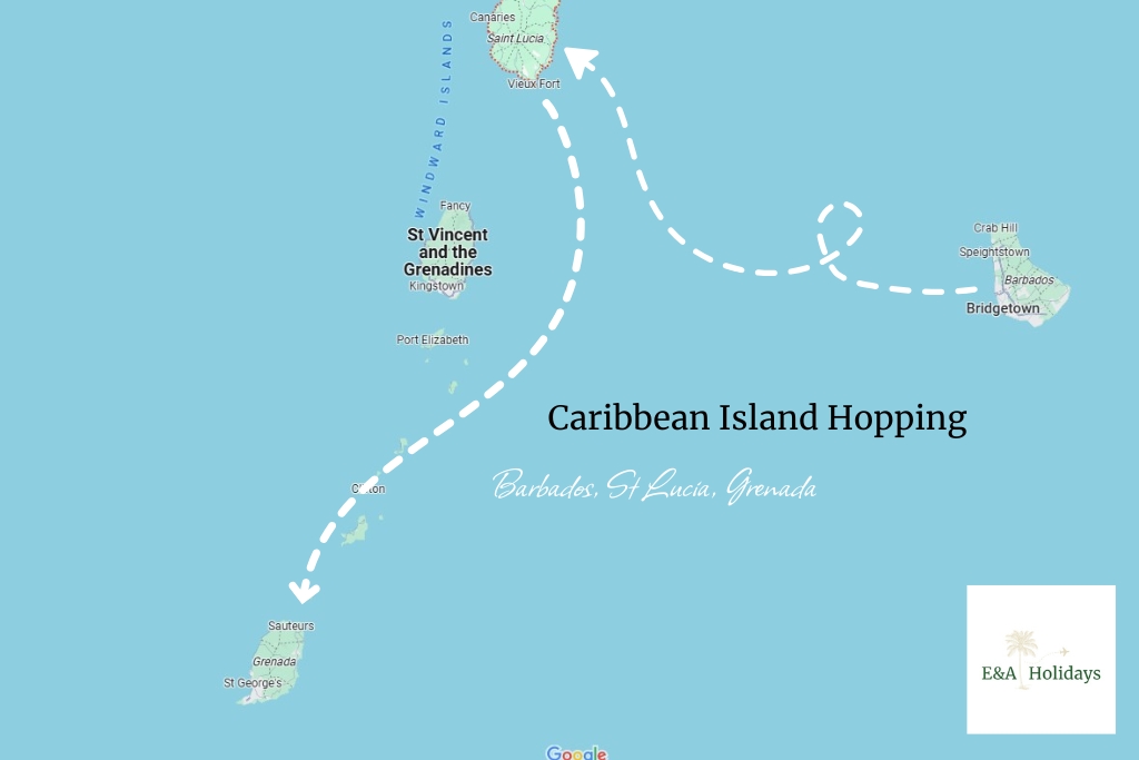 map showing suggested caribbean island hopping destinations Barbados, St. Lucia, and Grenada recommended by E&A holidays.