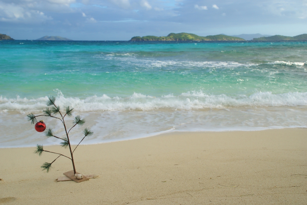 Christmas in the caribbean, pine branch in the sand on a beach with a bauble decorating it.