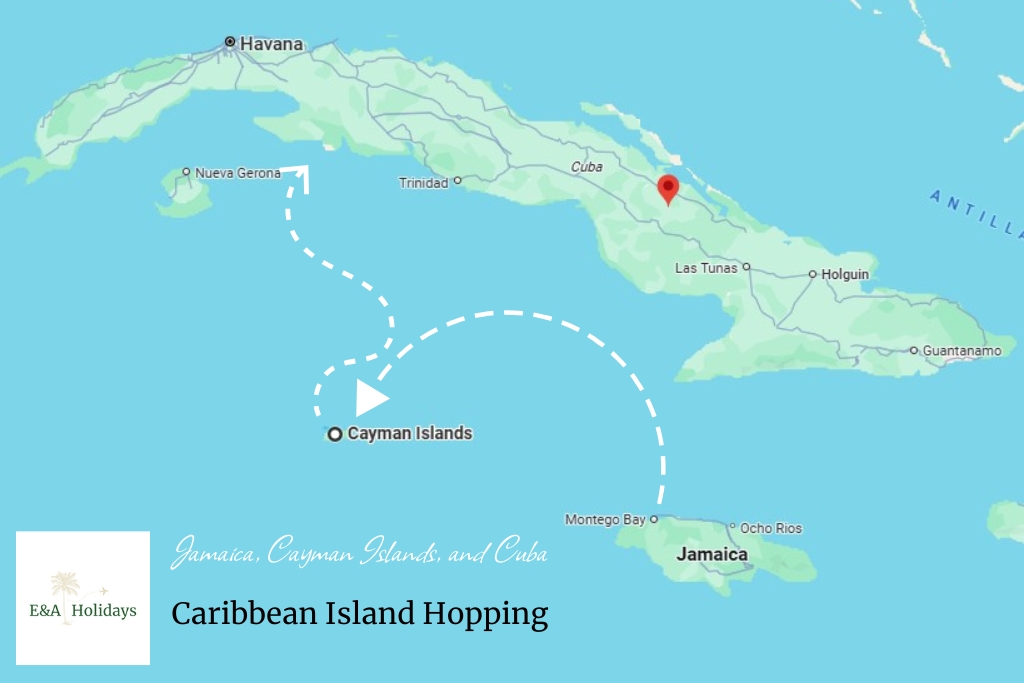 map showing suggested caribbean island hopping destinations Jamaica, Cayman islands and Cuba recommended by E&A holidays.