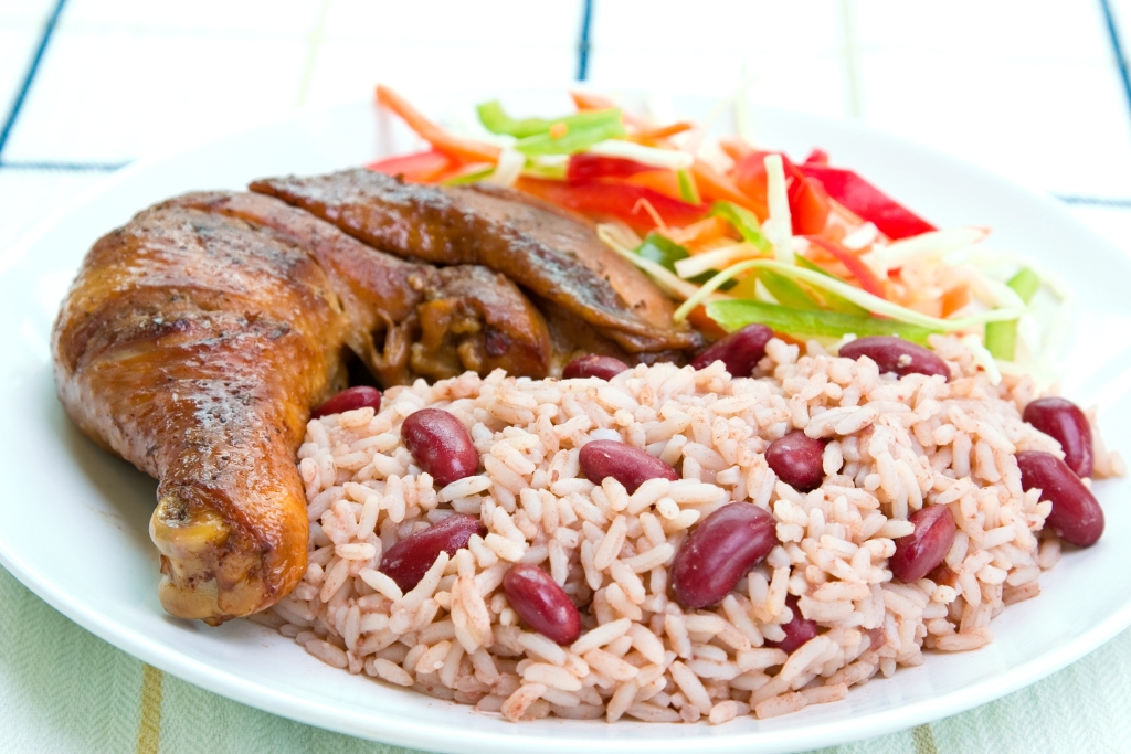 delicious fresh local caribbean cuisine, rice and peas, jerk chicken and salad.