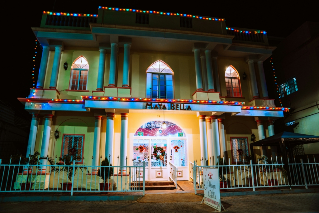 Maya Bella hotel in the Craibbean decorated for Christmas, located in Belize