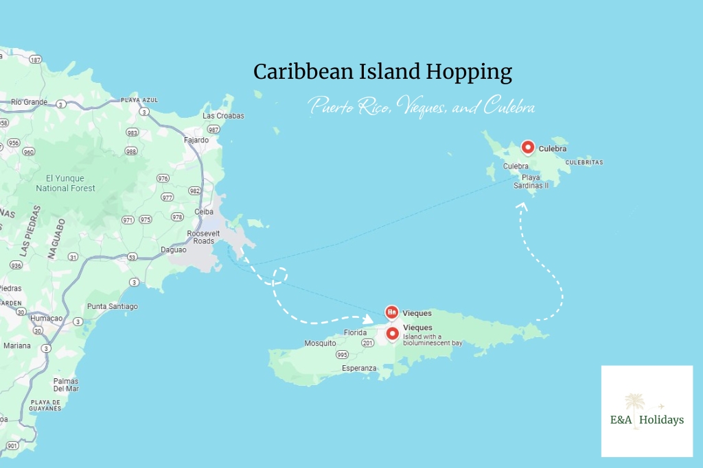 map showing the caribbean island hopping route suggested by E&A holidays to Puerto Rico, Vieques, and Culebra, for first time island hoppers