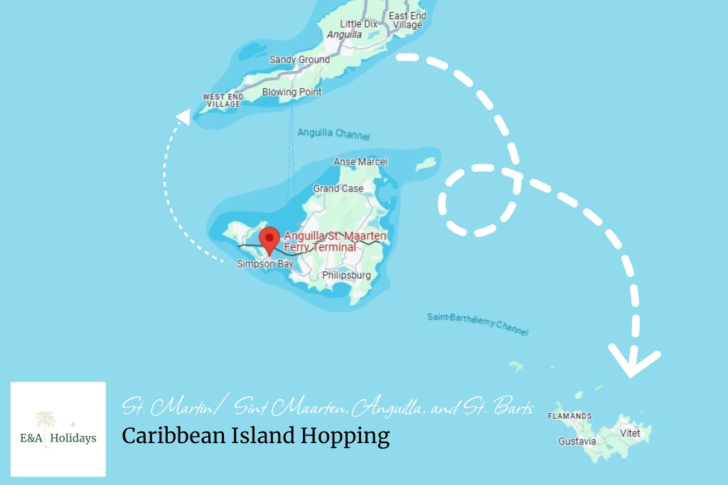 map showing the caribbean island hopping route suggested by E&A holidays to St Maarten, Anguilla and St Barts, for first time island hoppers