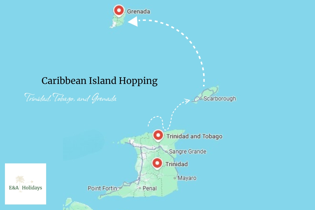 map showing suggested caribbean island hopping destinations Trinidad, Tobago and Grenada recommended by E&A holidays.