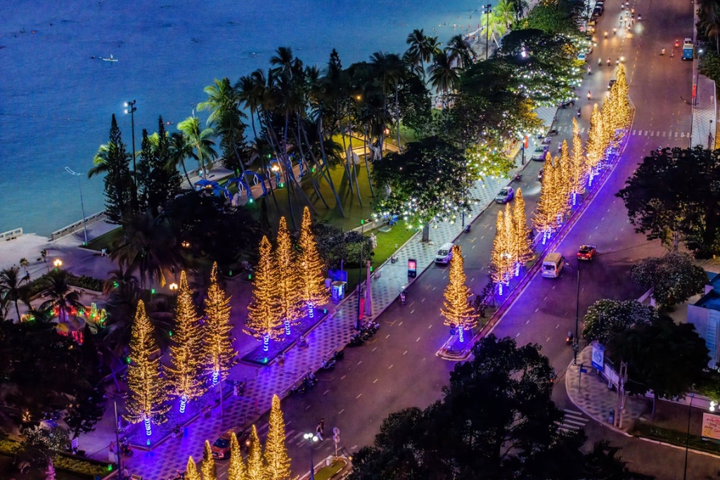 Christmas In the Craibbean night time street view lined with decorated lit christmas trees